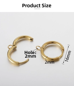 Technical dimensions of 16mm gold stainless steel hoop earrings with 2mm thickness