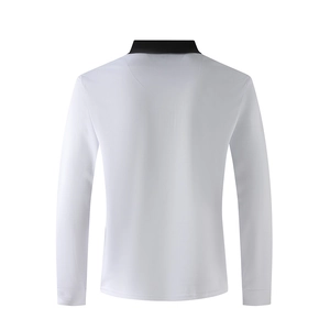 Back view of a white long-sleeve polo shirt with black contrast collar in piqué fabric