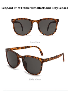 Foldable leopard frame sunglasses with dark grey lenses in front and side views