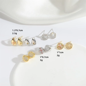 Retro Hawaiian oval stud earrings and hollow round earrings with zircon in gold and silver