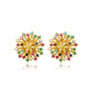 Detail of gold stud earrings with colorful zircon stones in a sunflower design