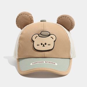 Kids bear ears mesh baseball cap with khaki panels and green brim for summer sun protection