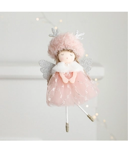 Macro detail of angel girl ornament featuring pink mesh skirt and silver antlers