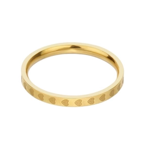 Polished gold titanium steel ring with engraved heart patterns on white background