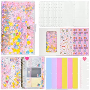 Macro detail of A6 binder with glitter liquid cover, PVC pockets and colorful stickers