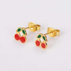 Elegant gold cherry stud earrings with red and green enamel on a clean white background