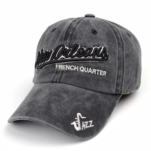 Detail of New Orleans vintage washed cap with high-quality 3D jazz embroidery textures