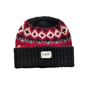 Knit beanie with vintage Fair Isle pattern in black, red, and white with a folded brim