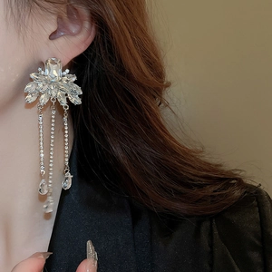 Detail of silver crystal flower tassel earrings with shimmering rhinestone drop fringe