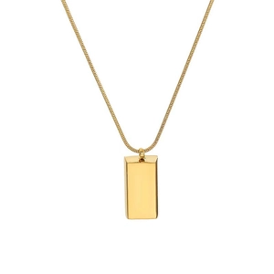 Gold brick pendant necklace with sleek snake bone chain in polished titanium steel for women