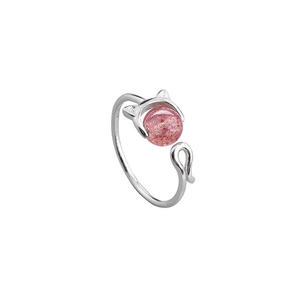 Cute S925 sterling silver open ring with cat ear design and pink strawberry crystal stone