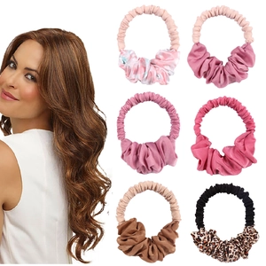 Heatless hair curler scrunchie set in silk satin including pink and leopard print colors