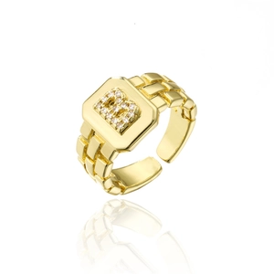 Detail of 18K gold plated adjustable ring with letter B and sparkling cubic zirconia