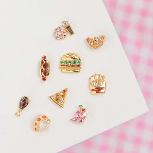 Exquisite 18K gold plated burger and fast food studs with colorful cubic zirconia