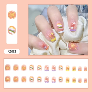 Cute candy gradient press-on nails with cartoon sun and tulip designs, 24 piece set