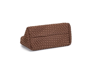 Detailed back and bottom view of a brown hand-woven waterproof diving material tote bag