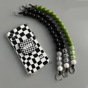 Checkerboard phone case set with colorful wooden bead lanyards and grip tok