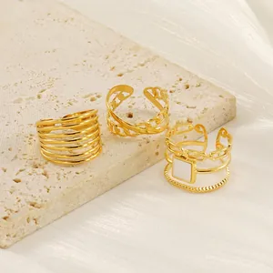 Bagues Ouvertes Géométriques Creuses Plqué Or 18K Acier Inoxydable Réglables Maillons Coquille Carrée Bijoux Femmes