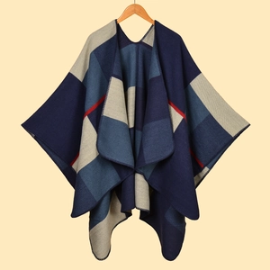Women's ethnic style thick knit shawl cape with multi-color geometric plaid pattern