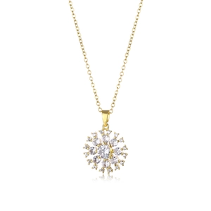 Golden snowflake pendant necklace with clear zircon stones on a stainless steel chain