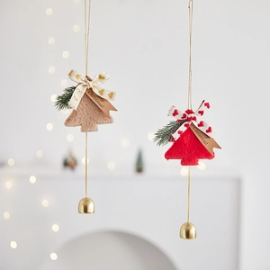 Christmas tree plush bell pendants in brown and red with pine needles and bows decor