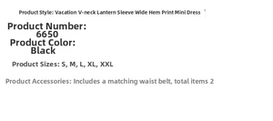 Size chart for V-neck lantern sleeve mini dress with belt detail in sizes S to XXL