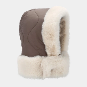 Thick faux fur trapper hat with brown quilted pattern and warm plush earflaps