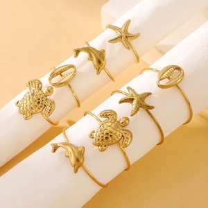 Adjustable golden ocean style stainless steel toe ring set with sea turtle and starfish