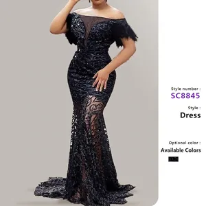 Damen Off-Shoulder Pailletten Meerjungfrau Abendkleid Mit Federn Spitze Mesh Schlanke Passform Lange Partykleid Elegant