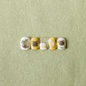 3D embossed bear and daisy nail art stickers set with yellow plaid patterns