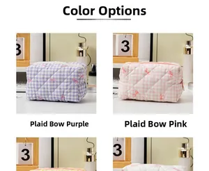 Detailed grid view of quilted cosmetic bags with purple and pink plaid patterns and bows