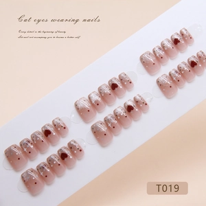 Cat eye press-on nails with red heart patterns and silver glitter stars in short square shape