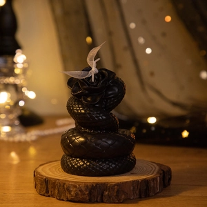 Detailed view of a black skull candle with snake and rose textures on a wood base