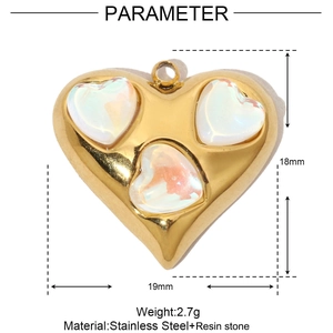 Macro detail of heart pendant with technical parameters and gold stainless steel finish