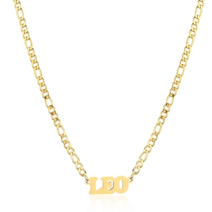 Dettaglio della collana in acciaio dorato 18K con ciondolo lettera zodiacale Leone