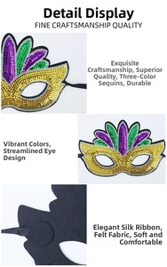 Detail of Mardi Gras sequin mask showing felt backing and silk ribbon ties