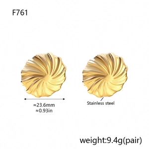 Detail view of gold stainless steel twisted earrings with size and weight specs
