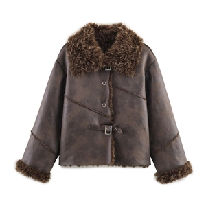 Women Faux Suede Shearling Jacket Vintage Thickened Fur Integrated Coat With Lapel Metal Buckles Streetwear