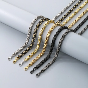 Close-up of Byzantine chain links in silver, gold, and black stainless steel finishes