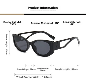 Detailed size chart for oval sunglasses showing frame height, width and temple length