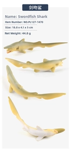 Detailed multi-angle views of a realistic goblin shark toy model with textured skin