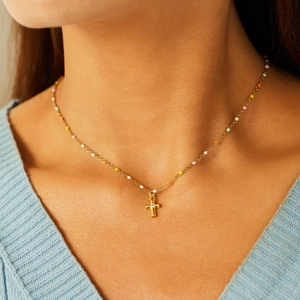 S925 sterling silver gold necklace with colorful enamel beads and cross pendant for women