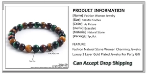 Detailed view of 8mm red yellow green tiger eye stone beads on elastic bracelet