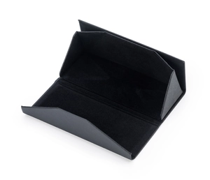 Detail of black Saffiano leather texture and soft flocking lining on triangle glasses case