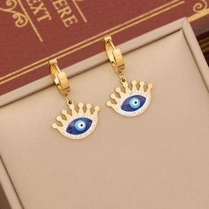 Gold evil eye crown hoop earrings with blue enamel and sparkling crystal inlay