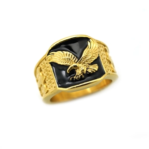 Gold stainless steel eagle ring with black enamel inlay and textured band for men