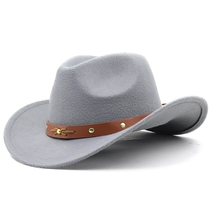 Grey wool felt western cowboy hat with brown studded leather band and wide curved brim