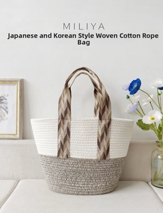 Detail of bohemian cotton rope woven tote featuring chic geometric ribbon handles
