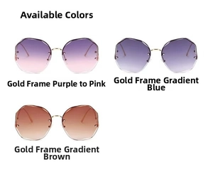 Close-up of frameless geometric sunglasses with gold temples in three gradient colors
