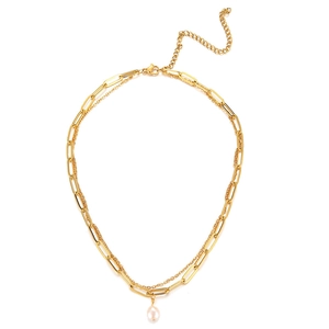 Detail of gold double-layer necklace featuring rectangle links and a white pearl pendant